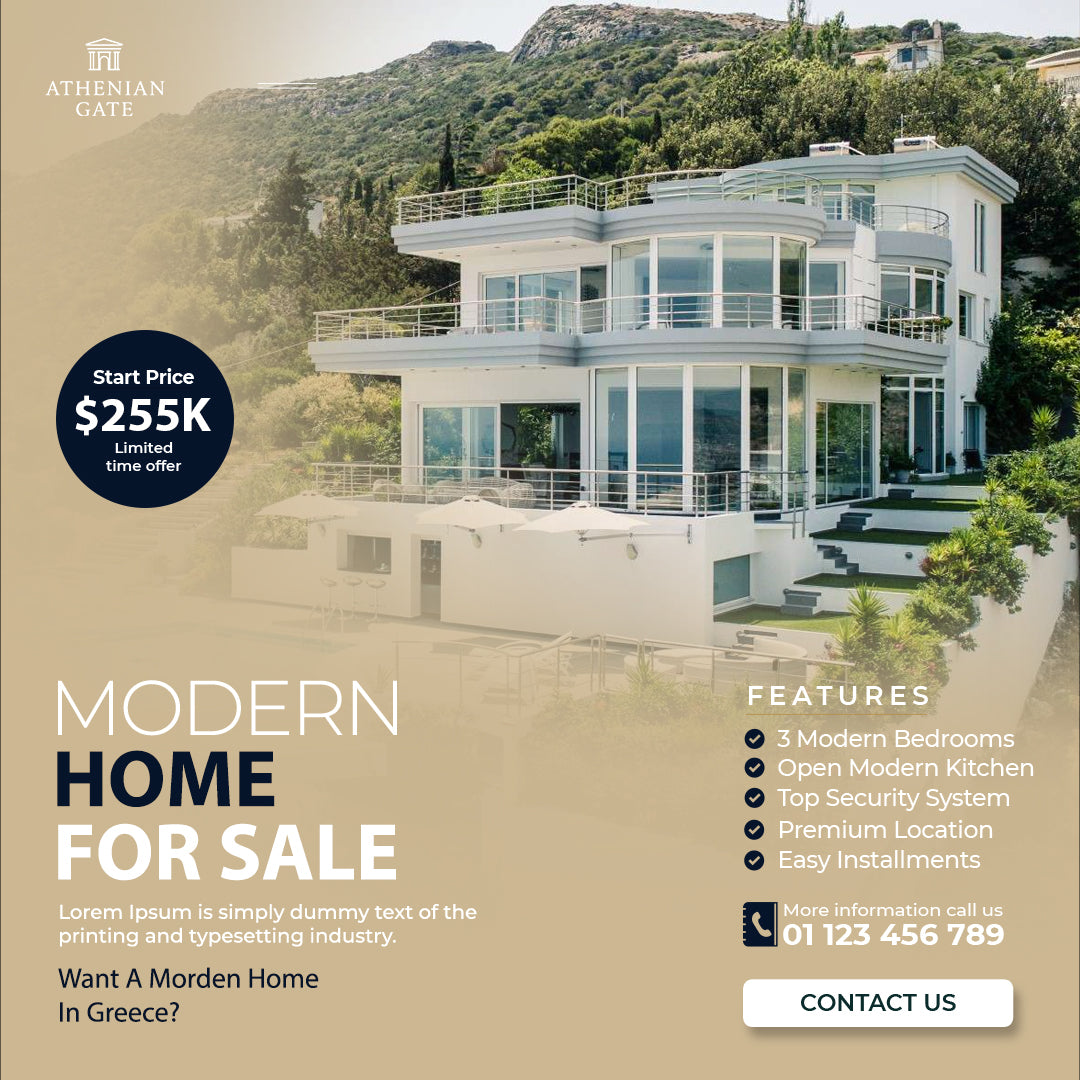 Modern home for sale with scenic background and Athenian Gate branding.