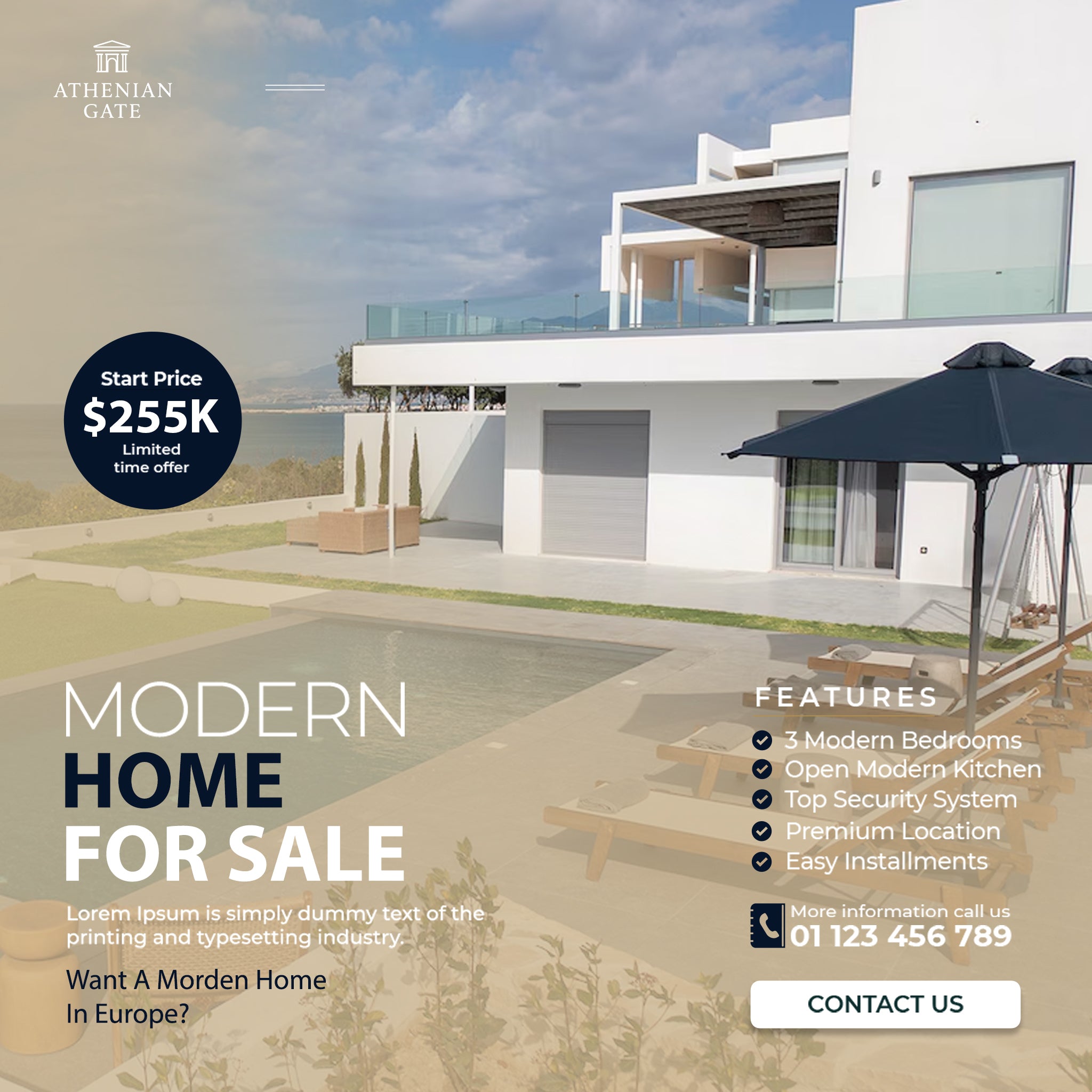 Modern home for sale with pool and outdoor furniture, featuring Athenian Gate branding.