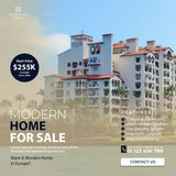 Advertisement for a modern home for sale with architectural details and contact information.