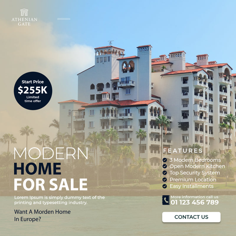 Advertisement for a modern home for sale with architectural details and contact information.